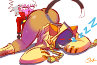 1boy 1girl ass blazblue blush colored dark_skin nose_bleed ragna_the_bloodedge sleep spicy-k taokaka // 900x600 // 533KB
