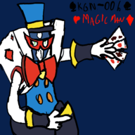 1boy bow card colored hat magic_man mega_man_&_bass mega_man_(series) mega_man_and_bass parody robot robot_boy text // 500x500 // 111KB