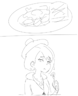 1girl artist:speakyfag comic eating eggs food fork gloria hat plate pokemon pokemon_swsh short_hair sketch toast // 641x787 // 66KB