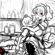 1boy 1girl artist:aipiepo background blush condom glasses huge_breasts maid ponytail rin senran_kagura senran_kagura_burst short_hair suzune tongue // 1000x1000 // 788KB