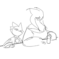 1boy 1girl alcohol alien anthro artist:unknown bar cat catboy catgirl furry lady_ethereal monochrome nine_sols sketch solarian yi // 2048x2048 // 469KB