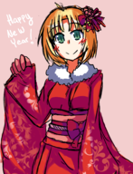 1girl amelia artist:mellie blonde_hair blush bow colored fire_emblem fire_emblem_heroes green_eyes hair_ornament happy_new_year kimono new_years short_hair smile // 1594x2077 // 1.7MB