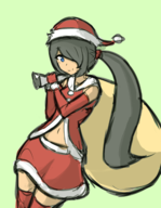 1girl artist:triggerdex bag black_hair colored elbow_gloves gijinka gloves grey_hair hat paper_mario personification ponytail sack santa_hat santa_outfit skirt smile spiky_parabuzzy super_mario // 469x606 // 207KB