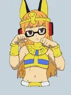 1girl artist:unknown bracelets breasts cat_pose colored egyptian futaba_sakura glasses hand_gesture looking_at_viewer meganekko navel persona small_breasts tummy // 850x1133 // 421KB