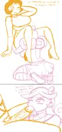 2girls 2koma alexandra_casoy areolae artist:unknown balls breasts crossover fellatio futanari huge_penis kneeling lesbian medium_breasts monochrome nipples oral penis puyo_puyo raffina sketch skirt text totally_spies yuri // 713x1500 // 734KB