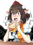 1girl artist:pufflestown aya_shameimaru burger eating touhou wings // 1002x1376 // 700KB