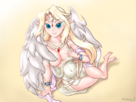1girl areola_slip artist:greebeey blonde_hair blue_eyes breasts colored feet goddess_ilias long_hair medium_breasts monster_girl_quest pointy_ears smile wings // 1600x1200 // 1.5MB