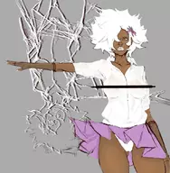 1girl black colored dark_skin flower hair_ornament no_more_heroes painted_nails panties shinobu_jacobs skirt white_hair yellow_eyes // 1046x1069 // 142KB