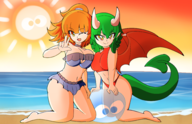 2girls arle_nadja artist:yuzu ball beach beach_ball bikini draco_centauros peace_sign puyo puyo_puyo tail wings // 3992x2573 // 6.4MB
