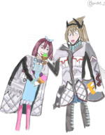 2girls angelica_farnaby artist:mido9_2 blonde_hair blue_eyes bow colored food ice_cream purple_eyes purple_hair riley_miller valkyria_chronicles valkyria_chronicles_4 // 1073x1374 // 1.0MB