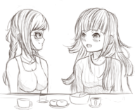 2girls artist:tttt blush braid cup danganronpa danganronpa_2 donut drink food glasses long_hair mikan_tsumiki necklace peko_pekoyama sketch sweater // 828x672 // 457KB