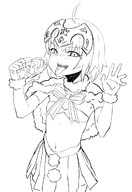 1girl blush bow cape fate_(series) fate_grand_order hand_gesture jeanne_d'arc jeanne_d'arc_(alter) jeanne_d'arc_alter_santa_lily monochrome pantomime_blowjob sketch skirt smug tongue // 847x1236 // 302KB