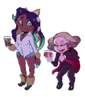 2019_halloween_collab 2girls artist:justdavefnd black collab colored costume cup dark_skin green_eyes halloween_collab marina pearl pointy_ears splatoon splatoon_2 yellow_eyes // 1400x1600 // 740KB