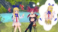 2girls 3d 3d_model background banana blonde_hair blue_eyes blush boots bracelet colored disgaea earrings elbow_gloves etna flonne food gloves koikatsu! long_hair model pointy_ears pussy red_eyes red_hair tail thigh_high_boots // 1914x1052 // 350KB