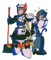 2018_halloween_collab 2boys animal_ears blonde_hair blue_eyes bow braid broom cat_maid cat_tail colored costume embarrassed halloween halloween_collab maid mega_man_(series) mega_man_x tail x zero // 2027x2339 // 1.0MB