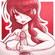 1girl breasts hand_job long_hair looking_at_viewer mitsuru nipples pale_skin penis persona_(series) persona_3 red_eyes red_hair shin_megami_tensei smug // 500x500 // 380KB