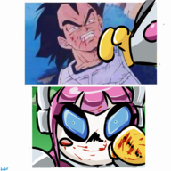 1boy 1girl angry artist:bluecollectorbananafan black_eyes blood blue_eyes colored crossover dragon_ball_z dragonball_z kirby_(series) susie vegeta // 960x960 // 643KB