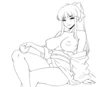 1girl areola areolae artist:iggy_bomb blush breasts cup huge_breasts lineart looking_at_viewer monochrome nipples ponytail sakura_shinguji sakura_wars sitting solo thighs topless // 3200x2900 // 1.3MB