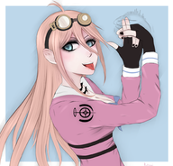 1girl ahoge artist:katsunei blonde_hair blue_eyes colored danganronpa danganronpa_v3_killing_harmony goggles hand_gesture heart_pupils long_hair miu_iruma painted_nails penetration_gesture tongue // 2000x1912 // 1.7MB