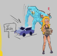 1boy 1girl artist:spryavalanche breasts buck_teeth car car_wash cleavage colored deltarune holding_sign looking_back medium_breasts nervous noelle_holiday one-piece_swimsuit one_piece_swimsuit punching sign // 777x768 // 335KB