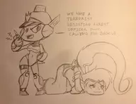 2girls artist:anaugi bent_over crossover mighty_switch_force patricia_wagon police racism shantae shantae_(series) sketch traditional_medium wip // 1449x1118 // 341KB