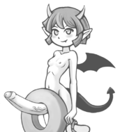 1girl artist:sufan blush breasts draco_centauros fang futanari horns huge_penis monochrome nipples nude puyo_puyo sandals short_hair smile tail wings // 811x804 // 177KB