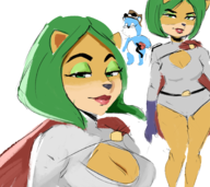 1boy 1girl ami_bandicoot andrew_dobson artist:justdavefnd cosplay crash_bandicoot_(series) crash_team_racing green_eyes green_hair huge_breasts makeup power_girl tom_preston // 1800x1600 // 1.4MB