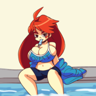 1girl ahoge alternate_breast_size artist:iggy_bomb black_eyes celeste coat colored huge_breasts long_hair madeline pool popsicle red_hair sitting spats text water // 2000x2000 // 705KB