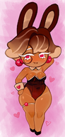 1girl areola_slip armpit artist:2x brown_hair bunny_suit chocolate_bonbon_cookie cookie_run dark_skin heart monocle red_eyes wide_hips // 577x1200 // 881KB