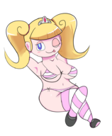 1girl 2019_summer_collab artist:mothimas bikini blonde_hair blue_eyes collab colored demandi shimapan sitting striped_stockings summer_collab thigh_highs tiara tongue twintails wink yo-kai_watch yo-kai_watch_3 // 780x949 // 198KB