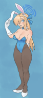 1girl adjusting_clothes artist:dairenke blonde_hair blue_archive blue_eyes bow breasts bunny_ears bunny_suit cleavage halo ichinose_asuna mole pantyhose // 609x1398 // 448KB