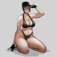 1girl bikini blue_eyes brown_hair colored gloves goggles hat jill_valentine knife looking_at_viewer resident_evil short_hair smile thick thick_thighs weapon // 900x900 // 144KB