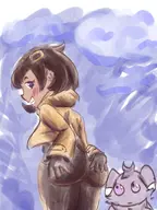 1girl 1other artist:strugglingquota back_view colored emma espurr looking_at_another pokemon pokemon_legends_za shocked simple_background smile smiling // 1000x1333 // 868KB