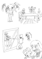1boy 1girl angry artist:unknown chair claude_plays_pokemon green_(pokemon) lineart mirror monochrome multiple_poses pointing pokemon red_(pokemon) shaking sitting table text // 2480x3508 // 1.5MB
