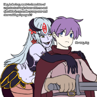 1boy 1girl alice belt blue_eyes blue_hair cape colored earrings elbow_gloves flower gloves heart long_hair looking_back luka midriff monster_girl_quest monstergirl parody pointy_ears purple_hair short_hair snake_girl sword text // 1024x1024 // 490KB