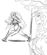 2girls artist:onion ass breasts khazan:_the_first_berserker looking_at_partner looking_back medium_breasts monochrome sketch succumbus sword tagme weapon // 1500x1750 // 512KB