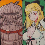 1boy 1girl armor artist:pepsi blonde_hair dark_souls drakengard red_eyes ribbon siegmeyer siegmeyer_of_catarina traditional_medium zero // 1100x1087 // 2.7MB
