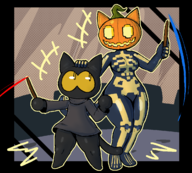 2girls artist:LizardFungus breasts cat cat_girl flat_chest fortnite google_doodle_game google_game halloween hand_on_head magic_cat_academy medium_breasts momo pumpkin spice thick_thighs wand // 1254x1133 // 279KB