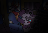 1boy 1girl artist:sach159 backpack banjo banjo-kazooie blue_eyes books bookshelf bottles chair colored ds eyes_closed fireplace kazooie necklace nintendo_ds photo shorts sitting // 800x560 // 256KB