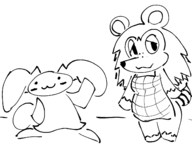 2girls :3 animal_crossing artist:unknown blush breasts doko_demo_issyo doodle fat freckles furry jun_mihara looking_at_viewer medium_breasts monochrome queen_of_v_2025 sable_able sketch smile smiling thick waving // 1400x1050 // 185KB