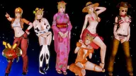 1girl 3d alternate_costume bikini blonde_hair blue_eyes catgirl cow_print cowboy_hat crossover honey_select kimono long_hair metroid midriff pale_skin pokemon samus_aran straw_hat swimsuit // 3840x2160 // 714KB
