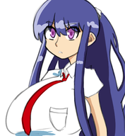 1girl action_taimanin artist:lunaticsoda huge_breasts ponytail purple_eyes purple_hair rinko_akiyama school_uniform solo // 1390x1504 // 490KB