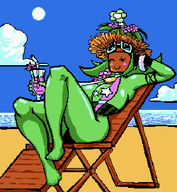 1girl artist:unknown beach bikini blaster_master_zero blush breasts drink glasses hat huge_breasts looking_at_viewer relaxing sitting straw_hat wink // 554x601 // 18KB