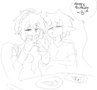 2girls aigis artist:speakyfag balloon crying eyes_closed food oc persona persona_(series) persona_3 pizza robot robot_girl shin_megami_tensei short_hair sigis sketch text // 650x602 // 68KB