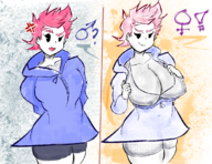 1girl annoyed artist:esao303 bra comic huge_breasts kumatora mother_(series) pink_hair smug sweater undressing // 1203x930 // 1.7MB