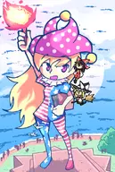 3girls animal artist:setz bird black_eyes black_hair blonde_hair book bow braid chen clownpiece eirin_yagokoro fire flandre_scarlet giant giantess hat kaguya_houraisan marisa_kirisame momiji_inubashiri nue_houjuu parody purple_eyes ran_yakumo touhou // 744x1105 // 808KB