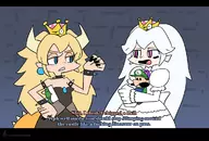2girls artist:carnscorner blonde_hair bowser bracelet collar colored crown dialogue doll dress earrings genderbend ghost_girl horns king_boo long_hair luigi parody personification pink_eyes plush princess_bowser // 1184x800 // 171KB