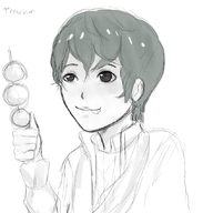 1boy artist:preacher brown_hair emil food looking_at_viewer monochrome nier pale_skin short_hair sketch takoyaki // 850x850 // 383KB