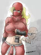 1boy 1girl artist:szeroartist bald blonde_hair colored glasses kunoichi ponytail scientist the_ninja_warriors // 1668x2224 // 1.2MB