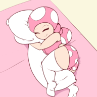 1girl alternate_breast_size artist:iggy_bomb colored dakimakura huge_breasts hugging laying_down panties pillow shortstack sleep smile super_mario thick_thighs thigh_highs toadette // 2000x2000 // 412KB